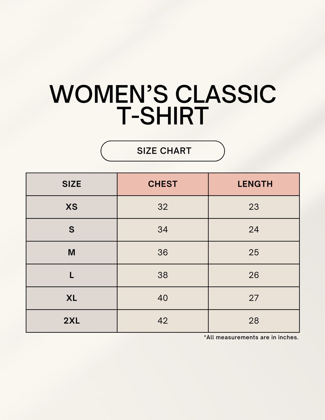 Women's classic T-shirt by LYVIT ORIGINALS shown in size chart image, featuring a simple, comfortable fit and clean design.