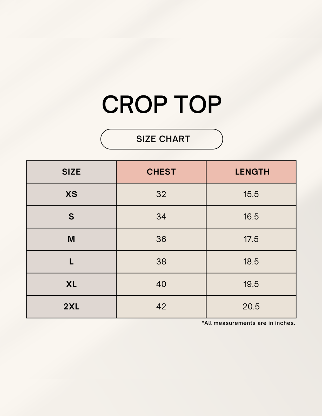 LYVIT ORIGINALS crop top displayed on a size chart, showing fit details and sizing options for this stylish women's top.