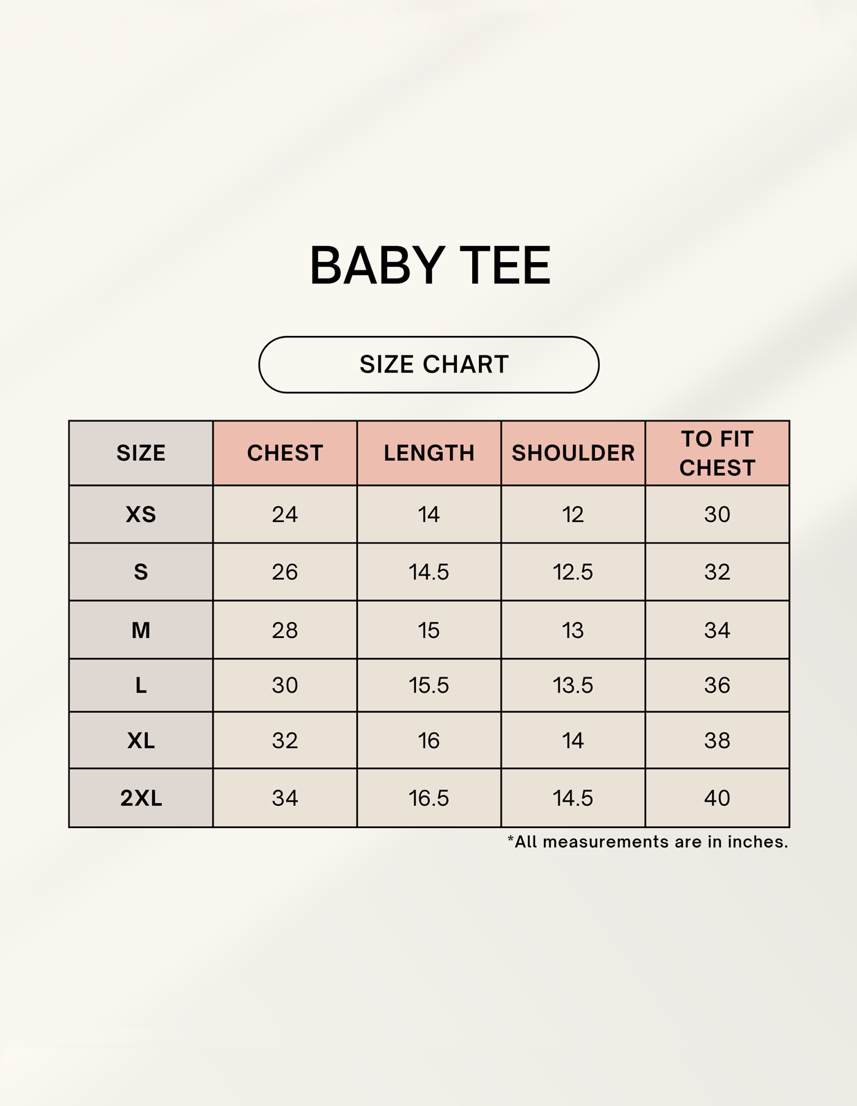 Baby crop tee from LYVIT ORIGINALS displayed with size chart, featuring a casual, fitted style in soft fabric.