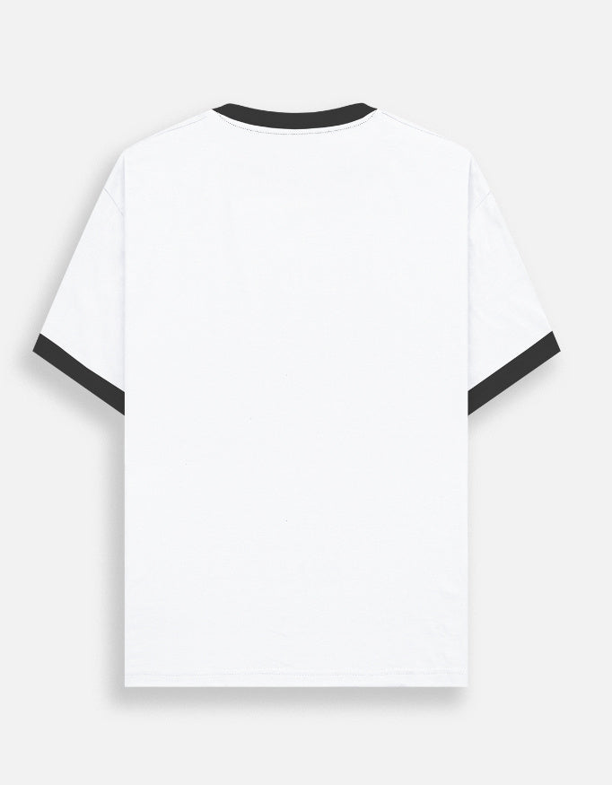 Back view of LYVIT ORIGINALS Ringer T-Shirt featuring contrasting collar and sleeve bands on a white cotton fabric.