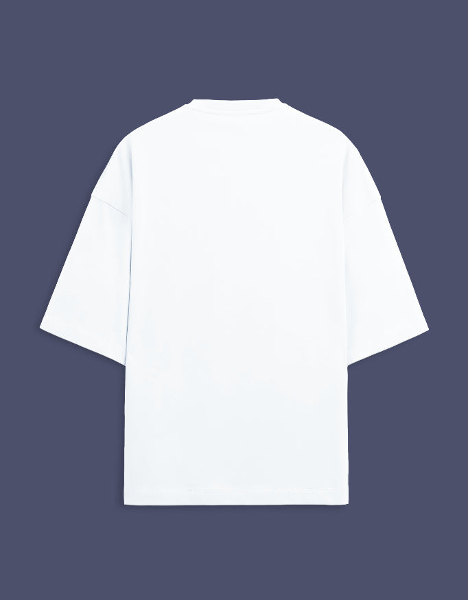 Back view of LYVIT ORIGINALS unisex oversized terry cloth tee in neutral color, showcasing relaxed fit and soft fabric texture.