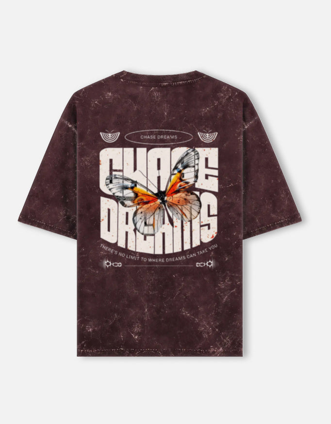 Back view of LYVIT ORIGINALS acid washed oversized tee with relaxed fit and faded, vintage-style fabric.