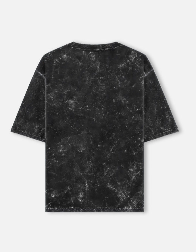 Back view of LYVIT ORIGINALS unisex acid washed oversized tee showing relaxed fit and faded, vintage-style fabric.