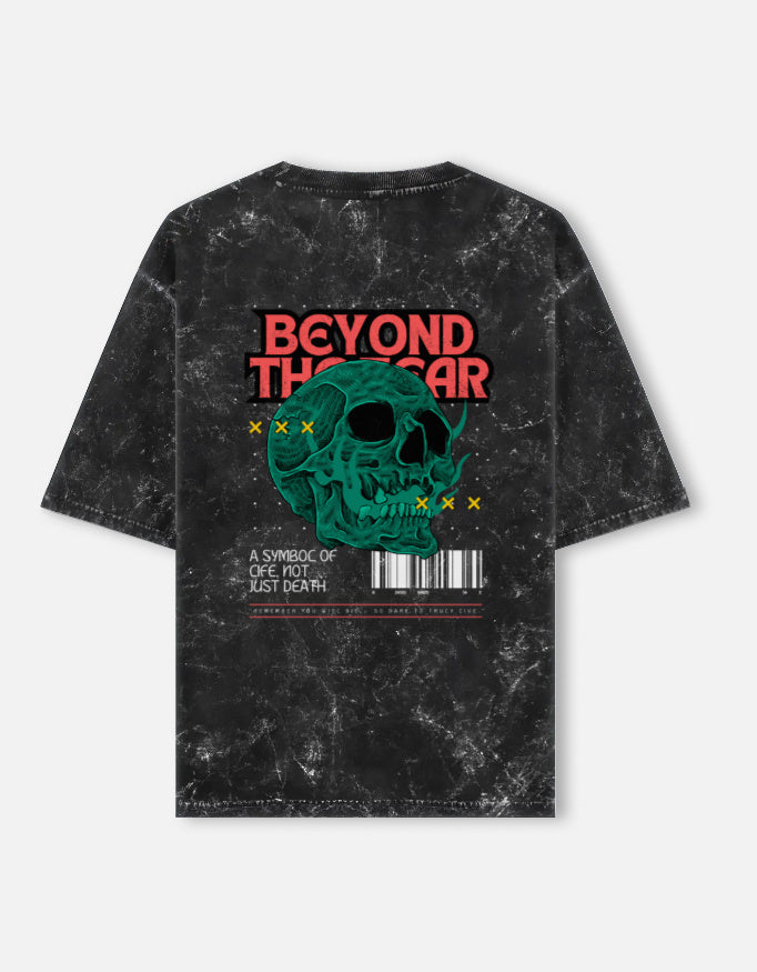 Back view of unisex acid washed oversized tee by LYVIT ORIGINALS, showing relaxed fit and distressed fabric details.