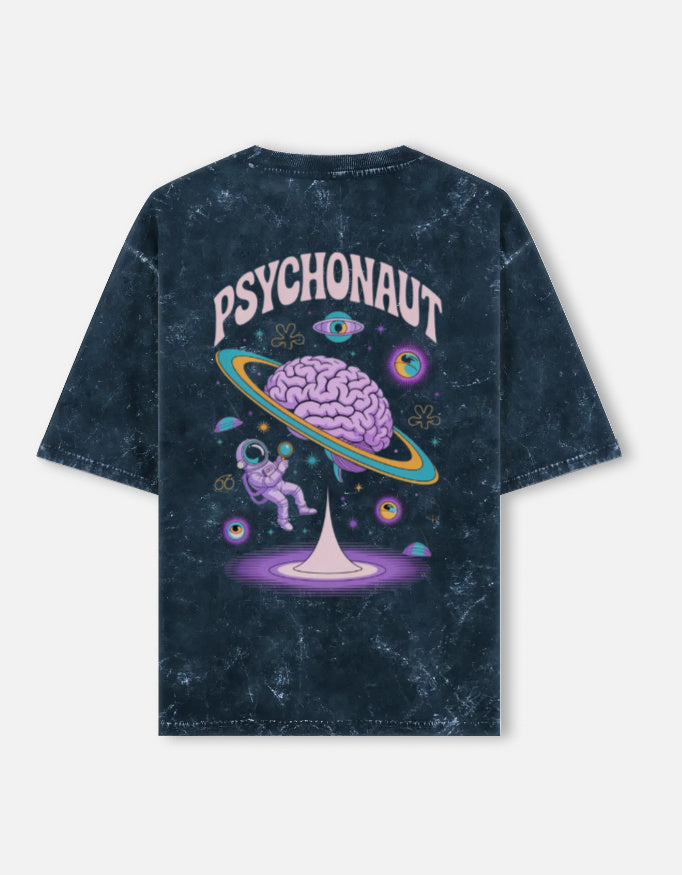 Back view of LYVIT ORIGINALS unisex acid washed oversized T-shirt with a relaxed fit and faded, vintage-style design.