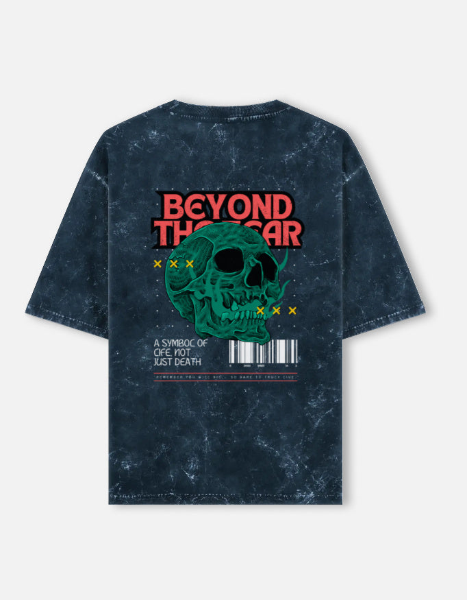 Back view of LYVIT ORIGINALS unisex acid washed oversized tee showing relaxed fit and distressed fabric details.