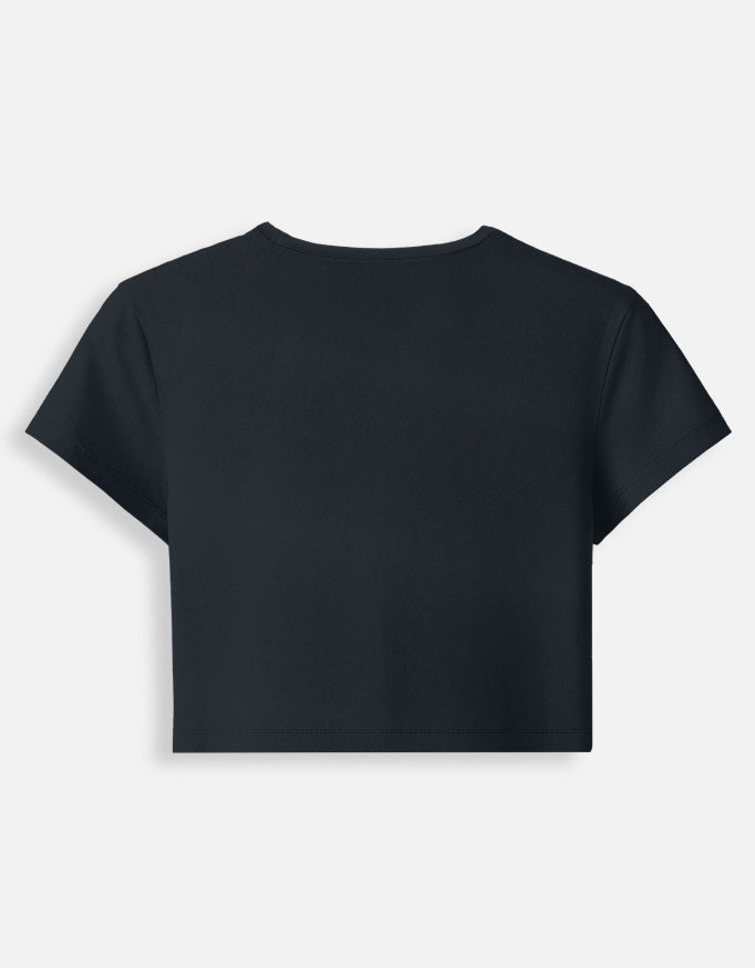 Lyvit Originals baby crop top tee shown from the back, soft fabric, fitted style, perfect for casual wear.