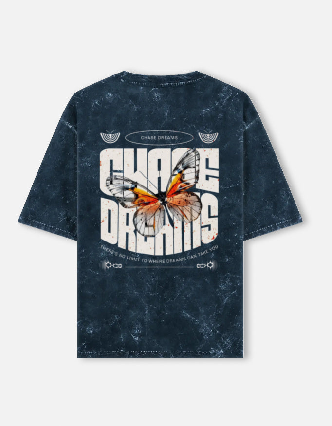 Back view of LYVIT ORIGINALS acid washed oversized T-shirt with a relaxed fit and distressed, vintage-style fabric.