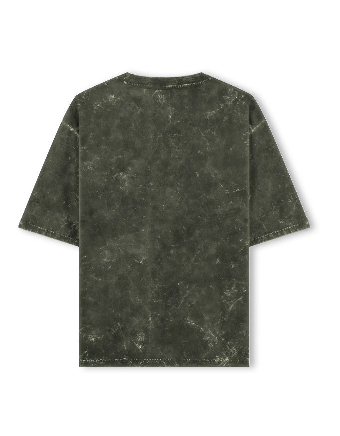 Unisex acid washed oversized T-shirt by LYVIT ORIGINALS shown from the back with a relaxed fit and faded, vintage-style fabric.