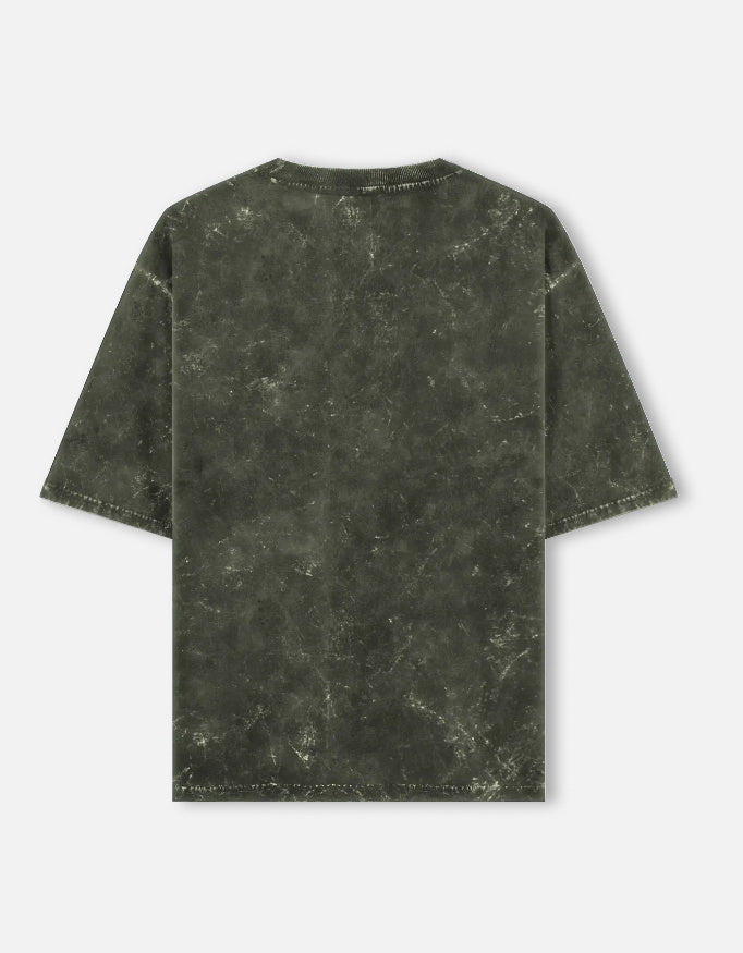Back view of unisex acid washed oversized T-shirt by LYVIT ORIGINALS, showcasing relaxed fit and distressed fabric details.