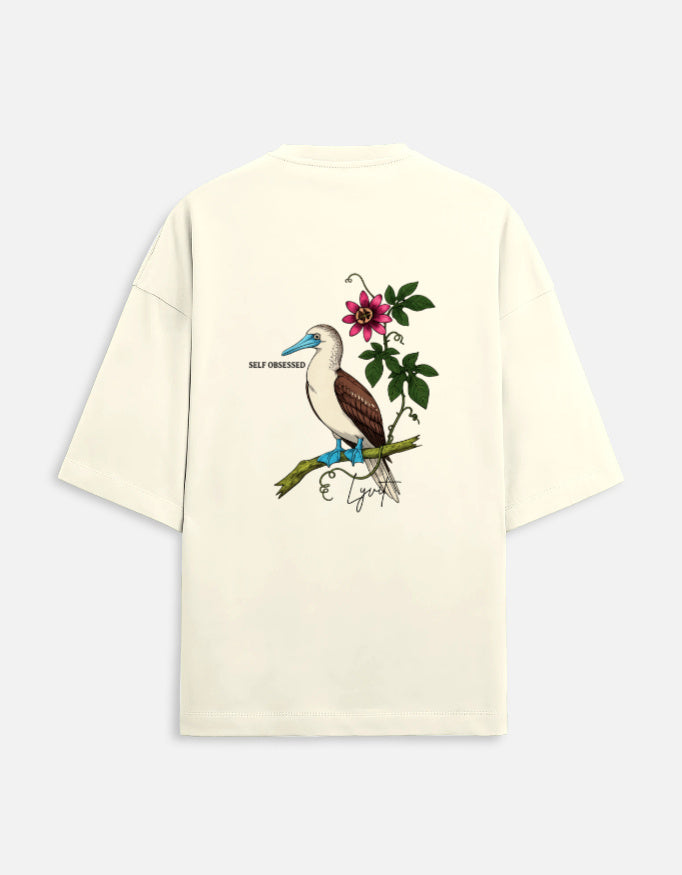 Back view of LYVIT ORIGINALS unisex oversized terry cloth tee in a relaxed fit, showcasing the casual, comfortable style.