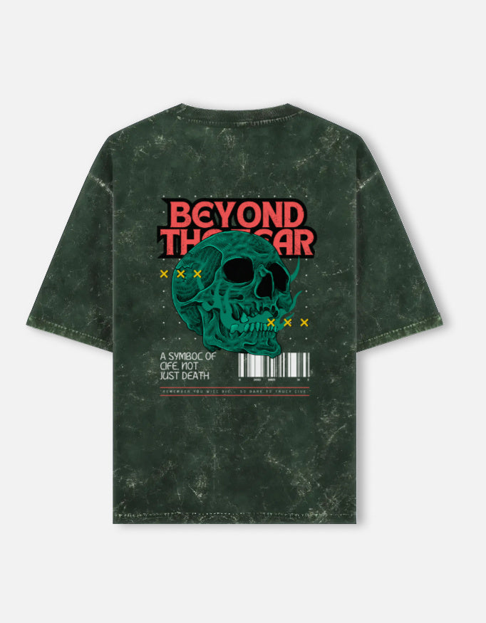 Back view of LYVIT ORIGINALS unisex acid washed oversized tee with relaxed fit and distressed fabric.