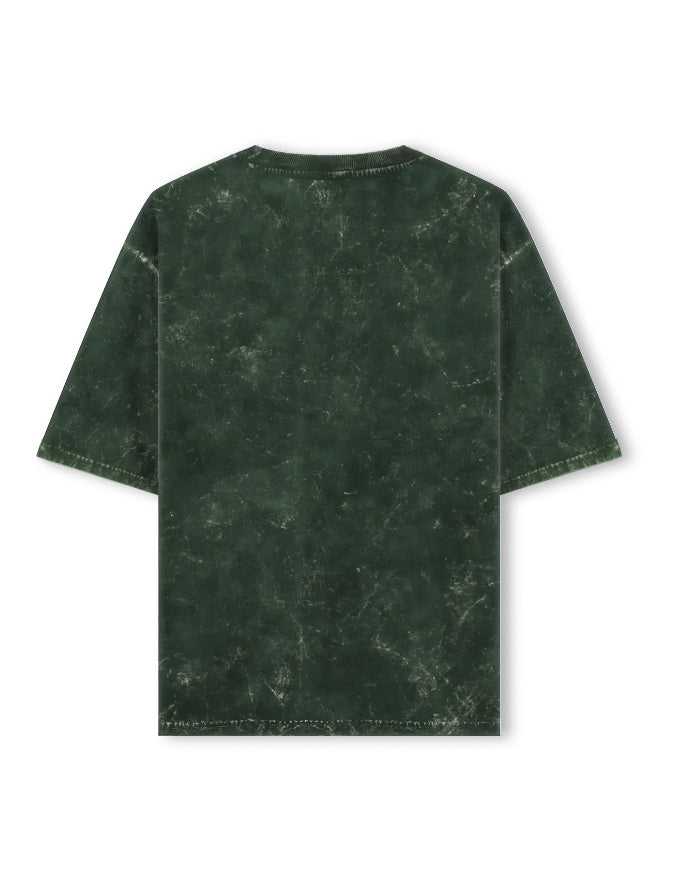 Back view of unisex acid washed oversized LYVIT ORIGINALS T-shirt showing relaxed fit and faded blue fabric.