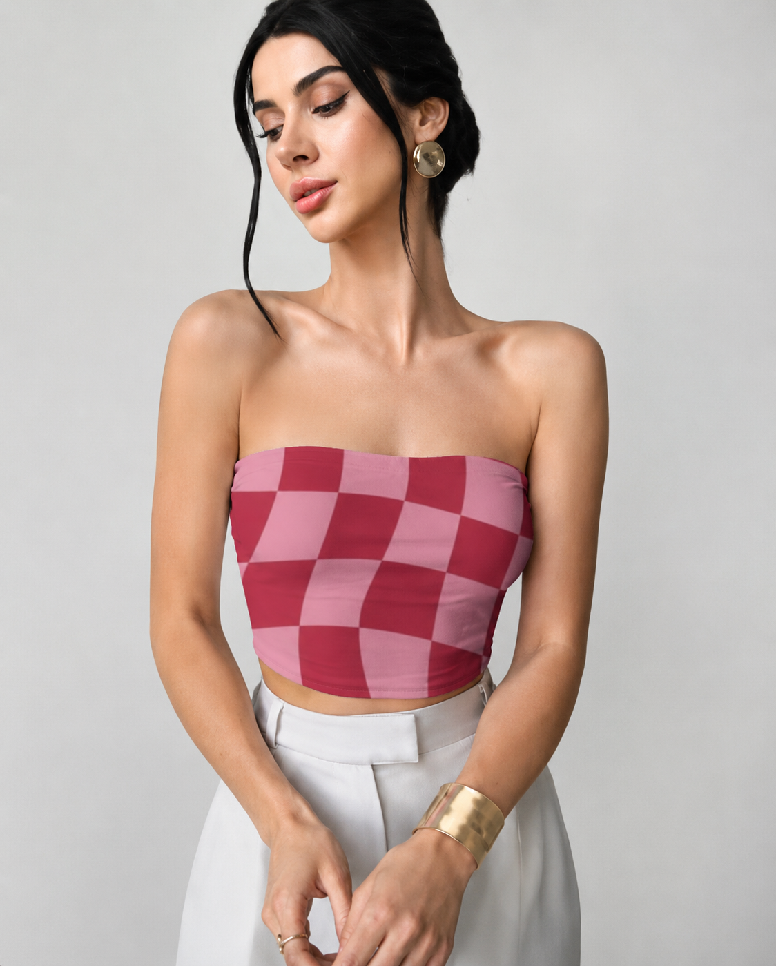 LYVIT ORIGINALS Aop Tube Top in neutral fabric, close-up showing its sleek design and smooth texture.