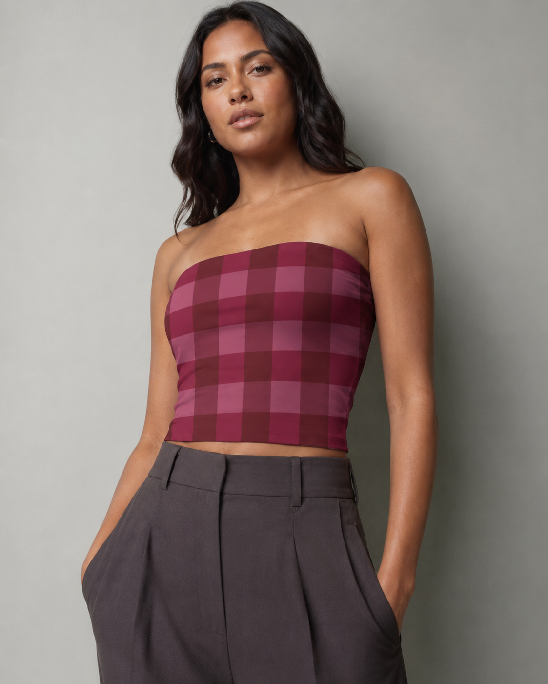 LYVIT ORIGINALS AOP tube top in vibrant pattern, close-up showing fitted style and fabric details