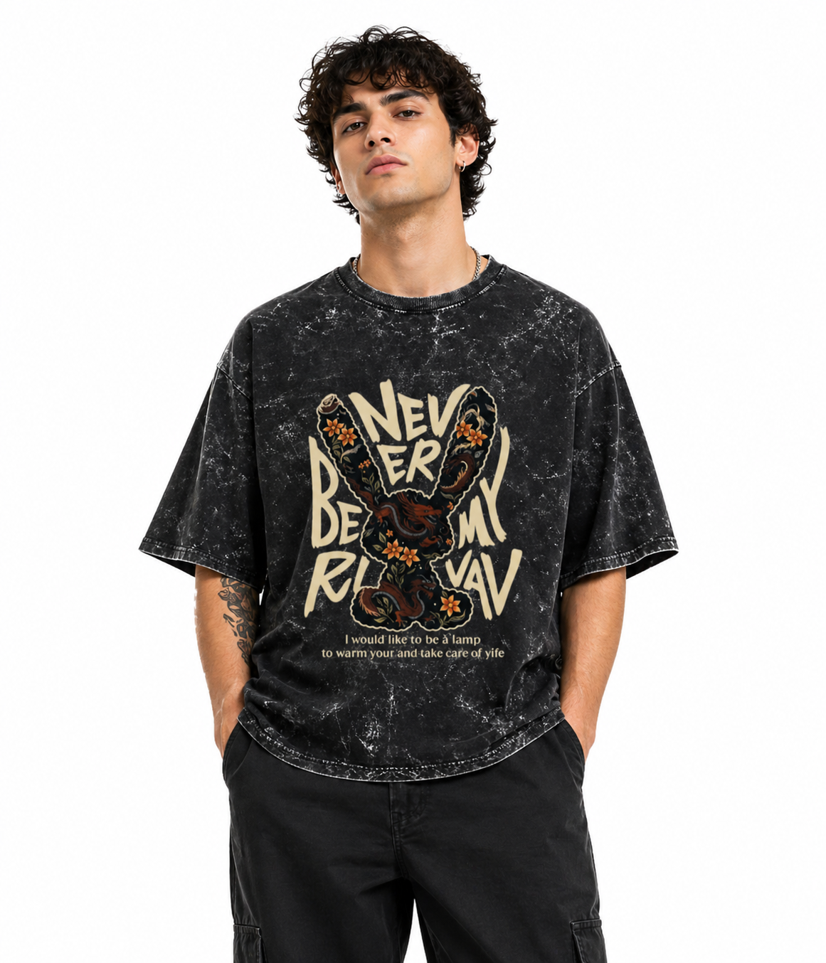 Unisex acid washed oversized T-shirt by LYVIT ORIGINALS, showing a relaxed fit with faded, vintage-style fabric.