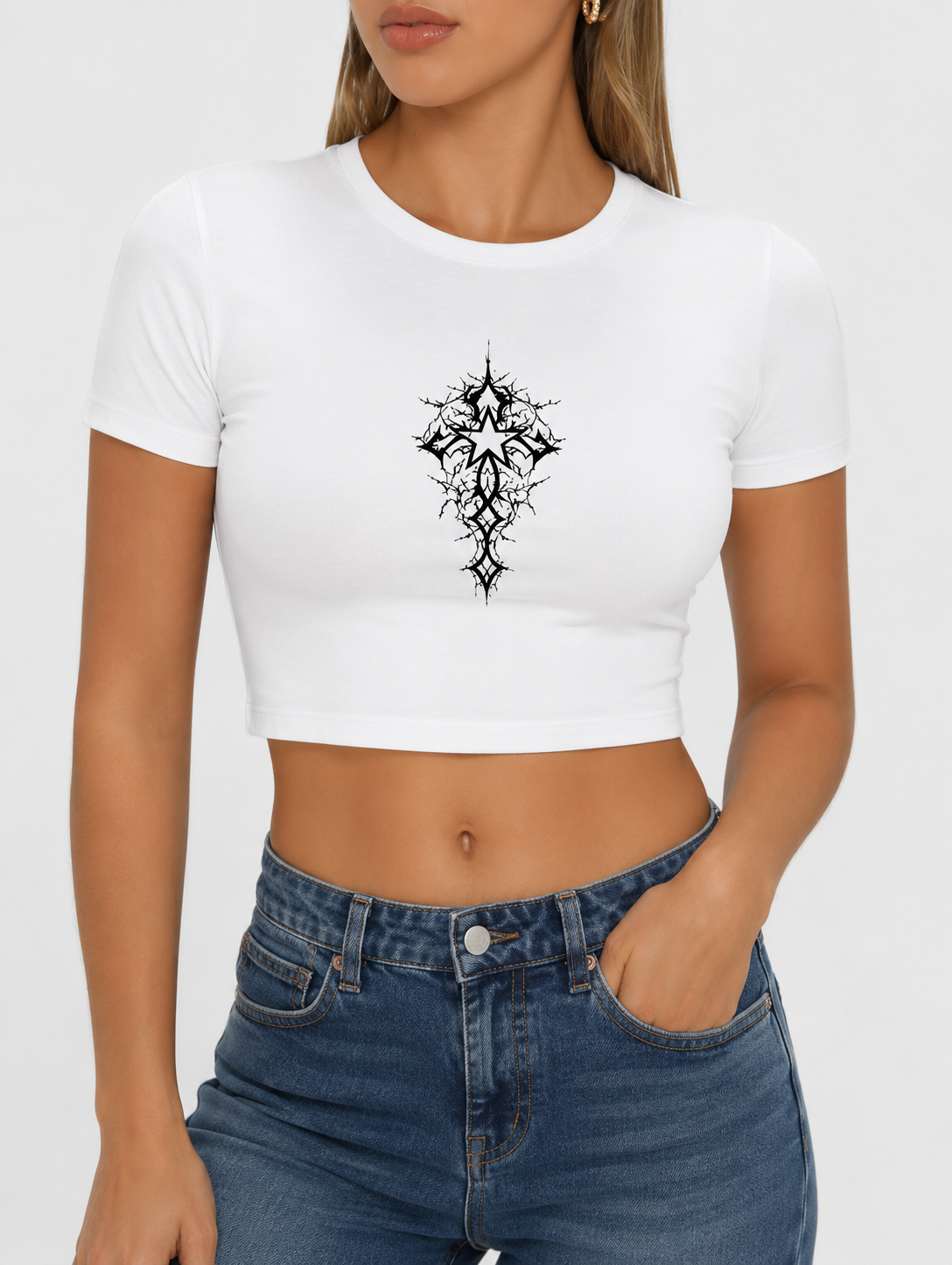LYVIT ORIGINALS crop top featuring a fitted design and stylish neckline, shown on a model in a casual indoor setting.