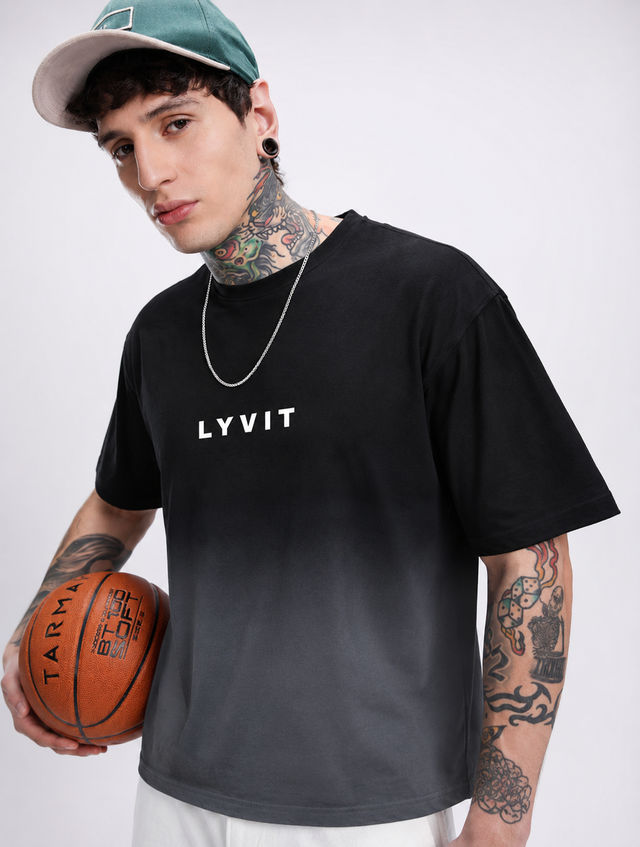 Black ombre boxy fit T-shirt by LYVIT ORIGINALS, showing front view with relaxed, cropped style and gradient black to gray shading.