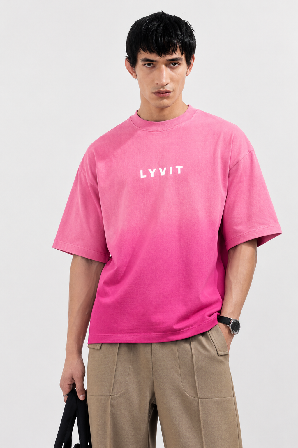 Pink sunfade ombre boxy fit T-shirt by LYVIT ORIGINALS, featuring a gradient pink design and relaxed fit.