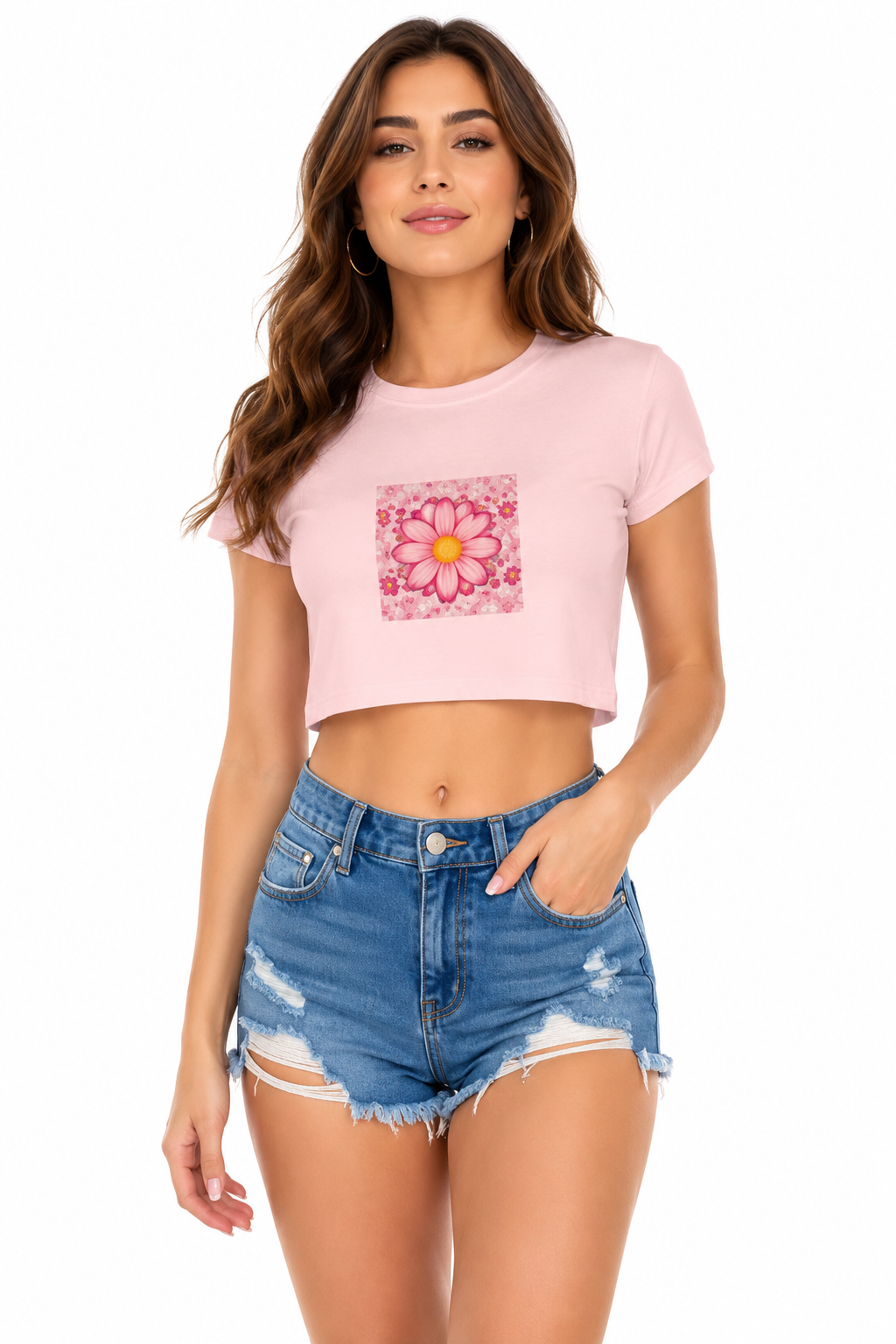LYVIT ORIGINALS blooming crop top for women, featuring floral design and fitted style, shown on a model.