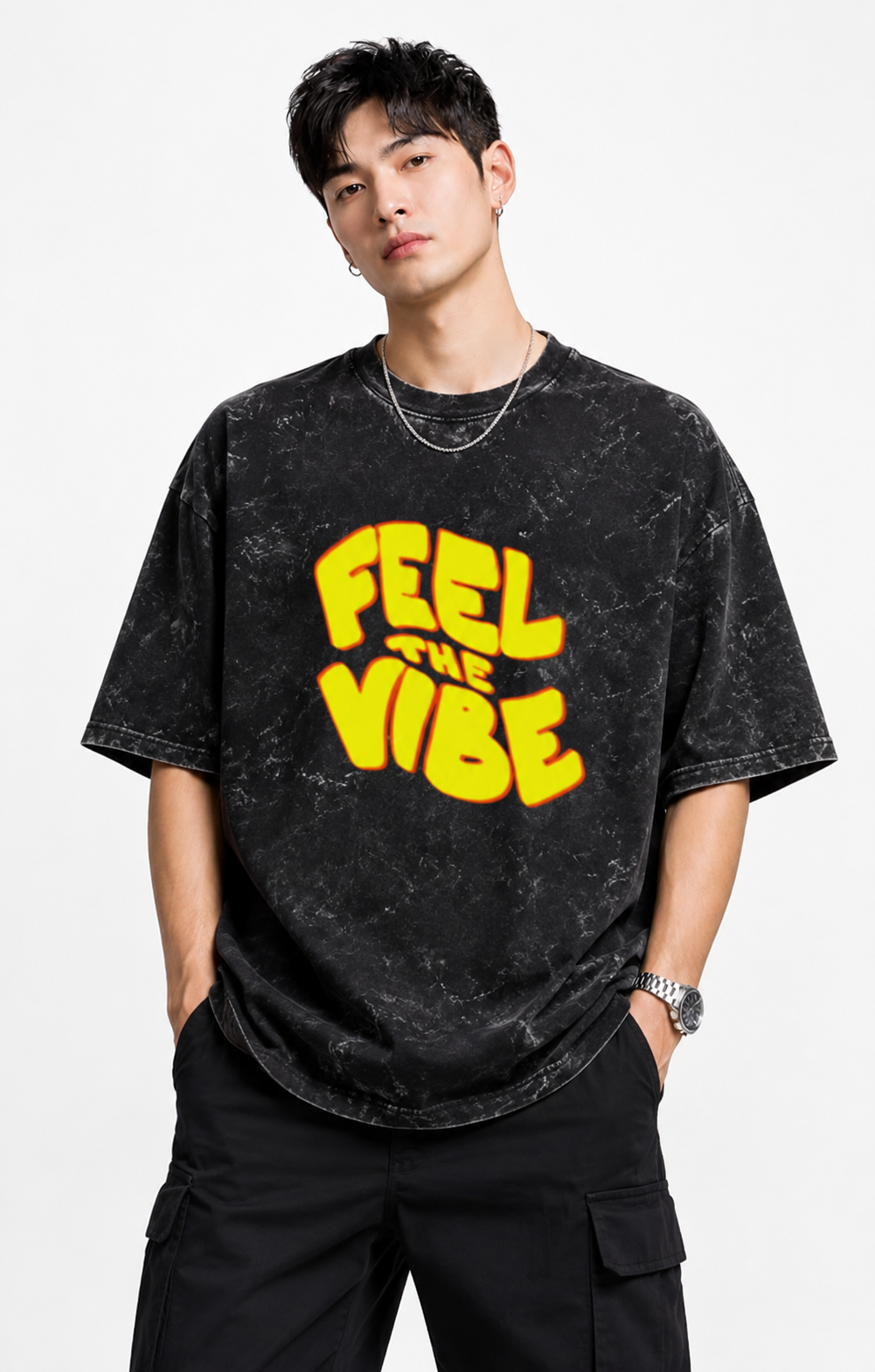 Unisex acid washed oversized T-shirt by LYVIT ORIGINALS, featuring a relaxed fit and vintage-style distressed fabric.