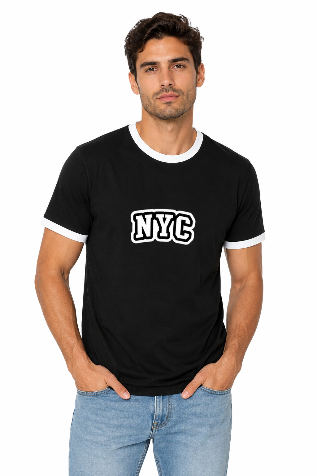 Unisex ringer T-shirt by LYVIT ORIGINALS featuring contrasting collar and sleeve trim, casual fit, and breathable cotton fabric.
