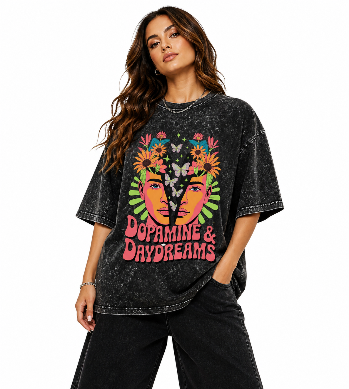 Unisex acid washed oversized T-shirt by LYVIT ORIGINALS, showing a relaxed fit with a faded, vintage-style design.