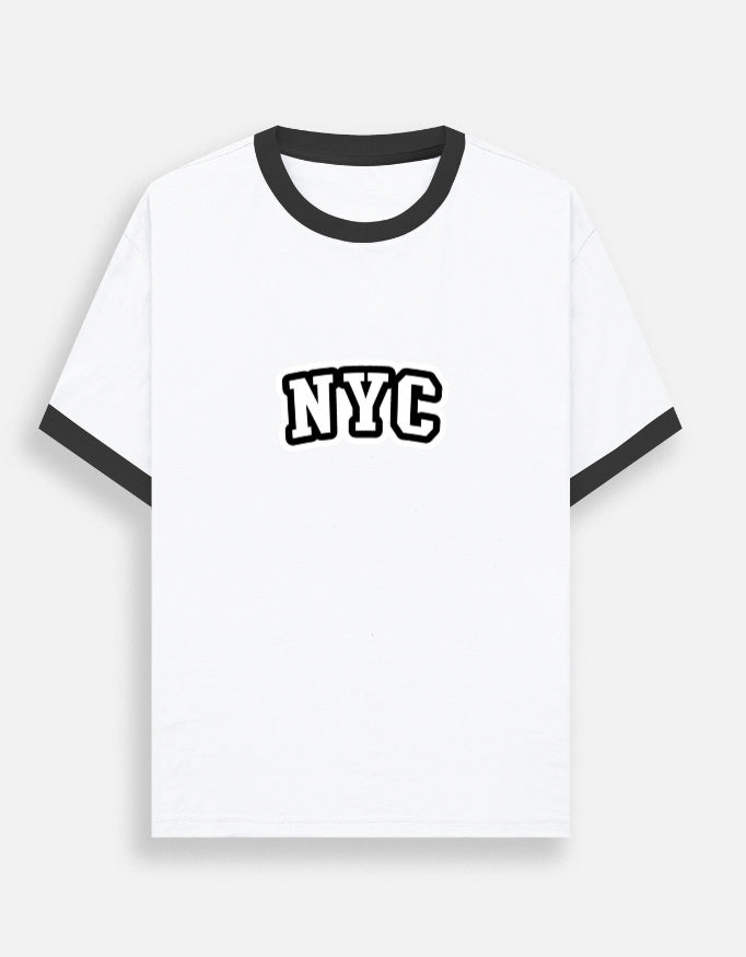 Front view of a unisex LYVIT ORIGINALS ringer T-shirt with contrasting collar and sleeve bands in a casual style.