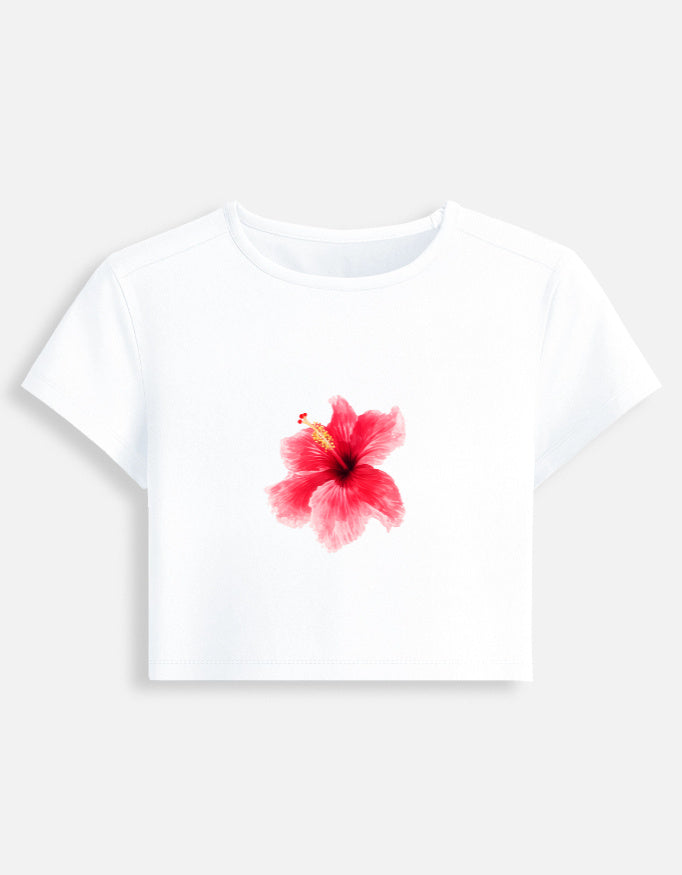 Baby tee from LYVIT ORIGINALS Hibiscus Edition featuring a front view with vibrant floral hibiscus design.