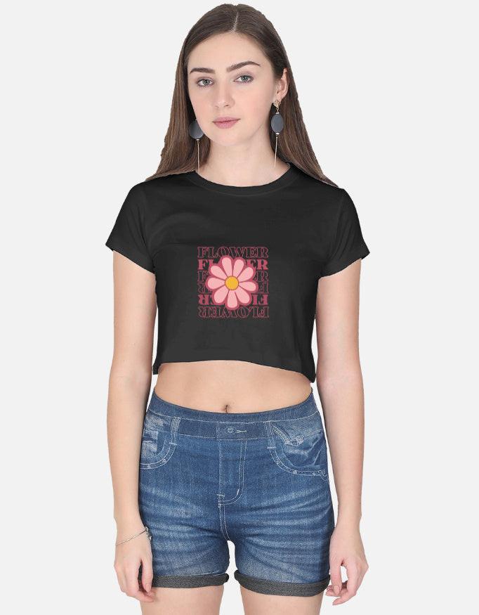 Front view of LYVIT ORIGINALS female blooming crop top featuring vibrant floral print and fitted design.