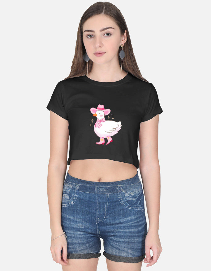 Front view of a stylish LYVIT ORIGINALS crop top in a fitted design, showcasing its trendy neckline and fabric details.