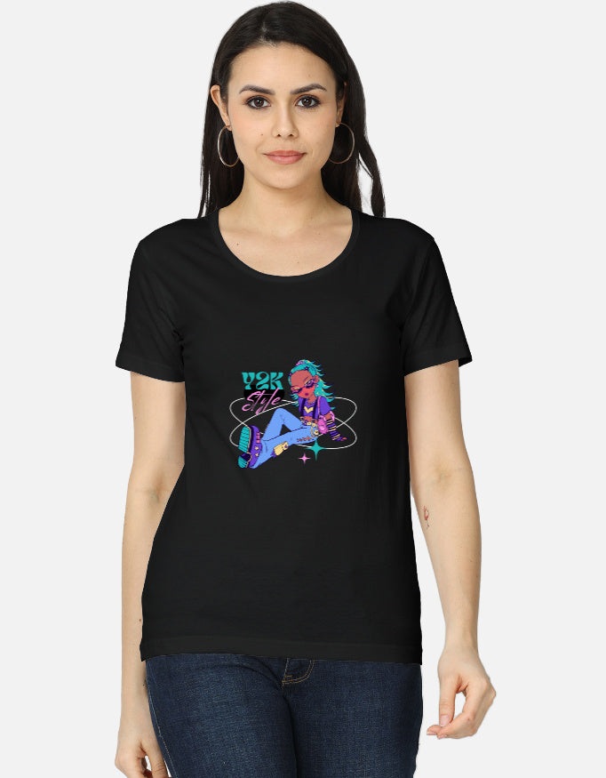 Front view of LYVIT ORIGINALS women's classic crew T-shirt in a simple, fitted design with short sleeves and a round neckline.