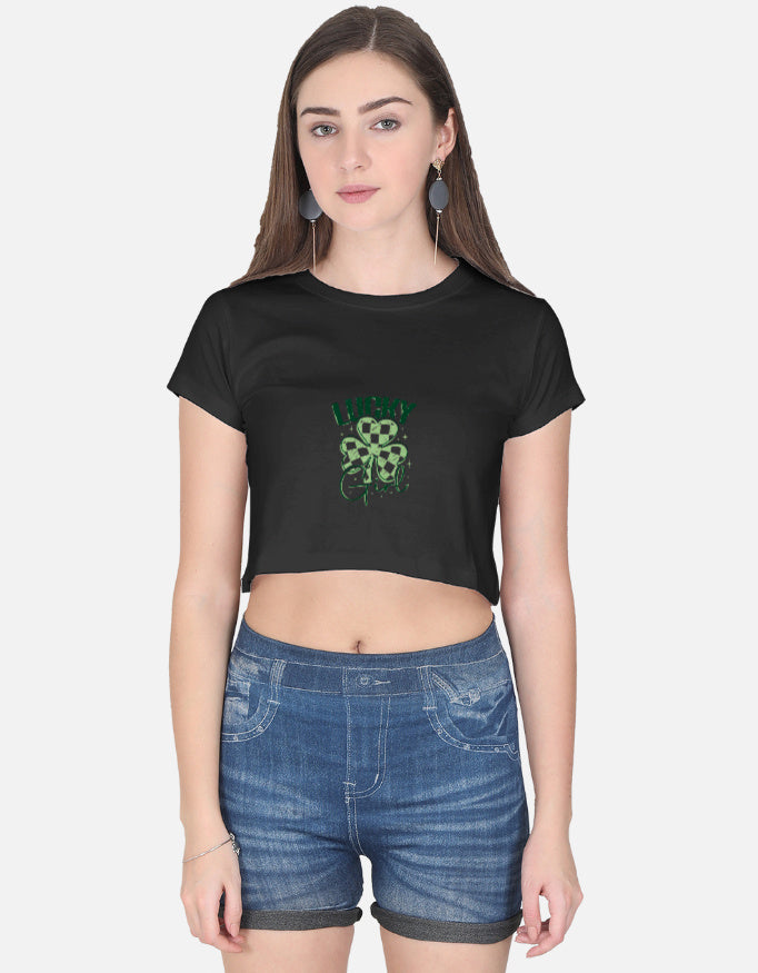 Front view of LYVIT ORIGINALS crop top showcasing its fitted design and soft fabric in a casual style.