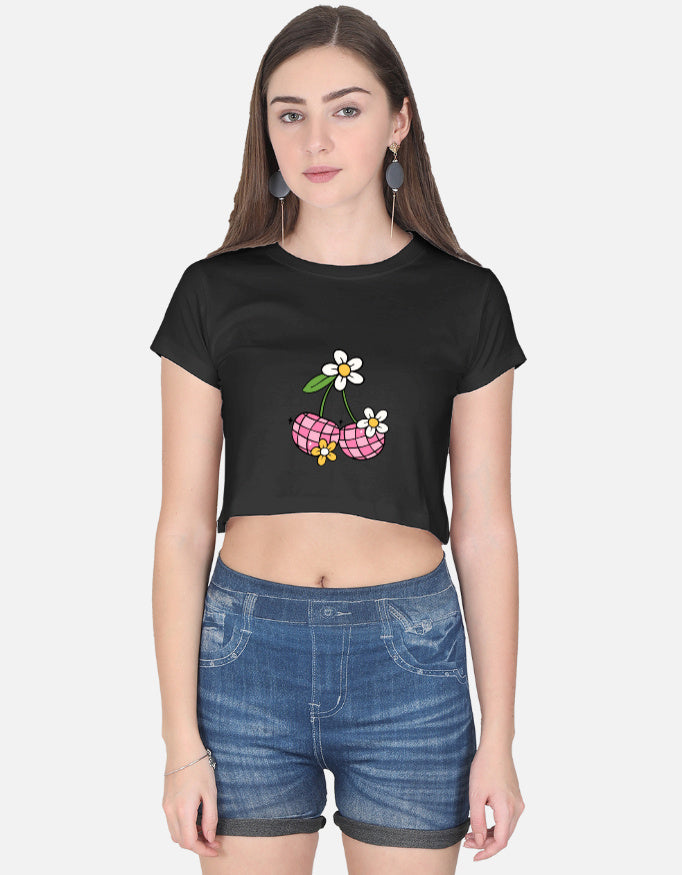 Front view of LYVIT ORIGINALS crop top, showcasing its stylish design and fit on a model.
