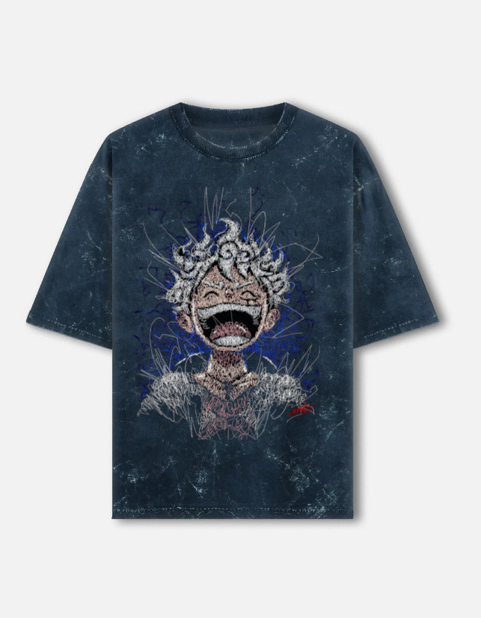 Front view of LYVIT ORIGINALS unisex acid washed oversized tee, showcasing its relaxed fit and distressed fabric.