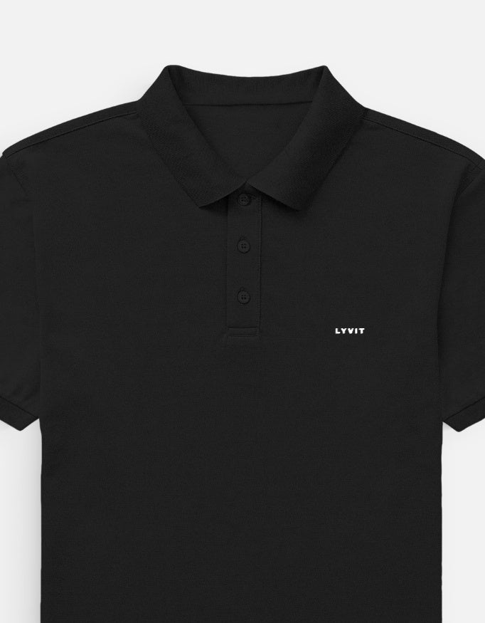Men's LYVIT ORIGINALS polo shirt showing the left pocket and collar detail in a close-up shot.