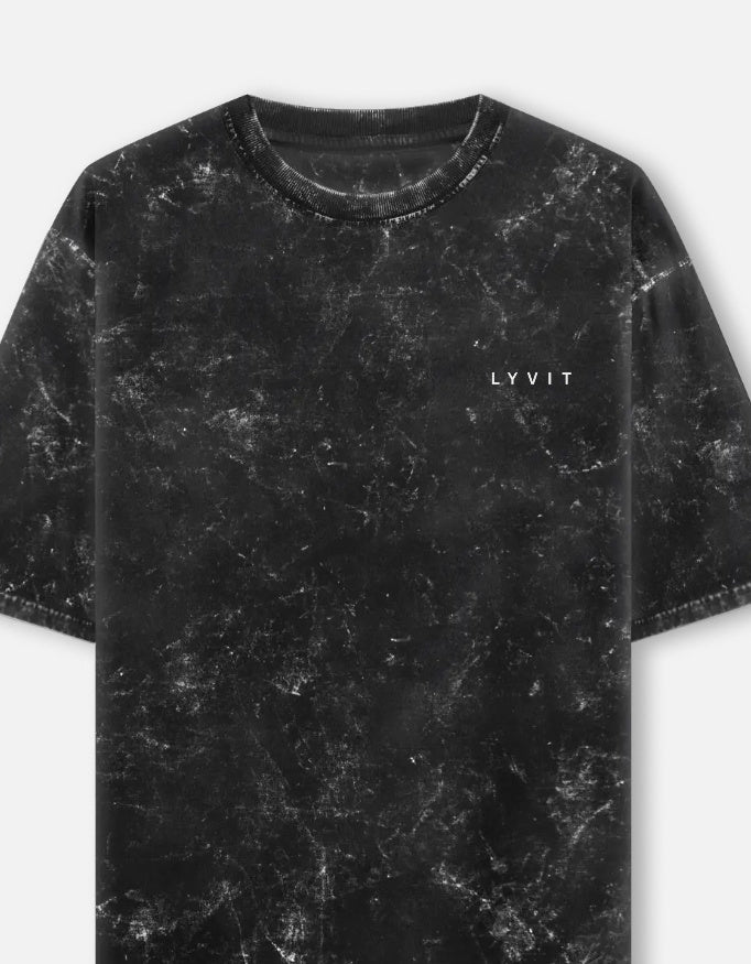 Unisex acid washed oversized T-shirt with left chest pocket by LYVIT ORIGINALS, casual fit and distressed denim-inspired look.