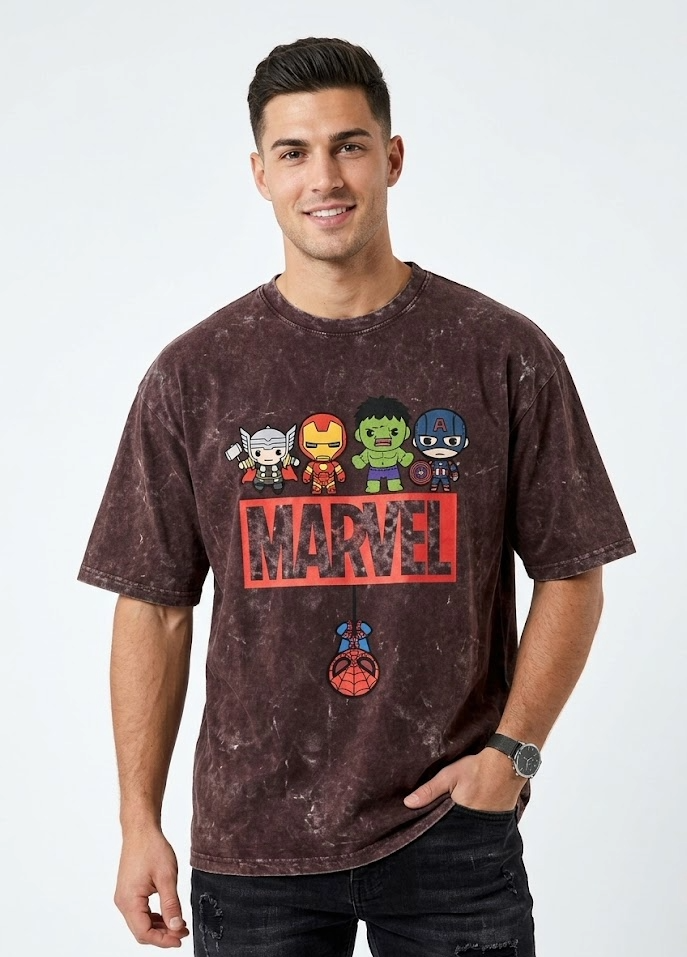 Unisex acid washed oversized T-shirt by LYVIT ORIGINALS, showing a relaxed fit with distressed, vintage-style fabric.