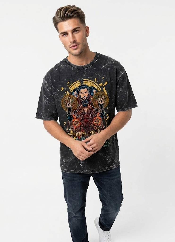 Unisex acid washed oversized T-shirt by LYVIT ORIGINALS, showing a relaxed fit with distressed, vintage-inspired fabric.