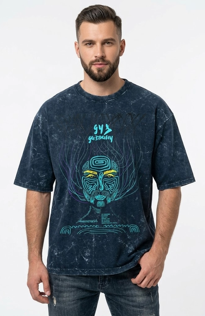 Unisex acid washed oversized tee by LYVIT ORIGINALS, showing the relaxed fit and textured fabric in a casual style.