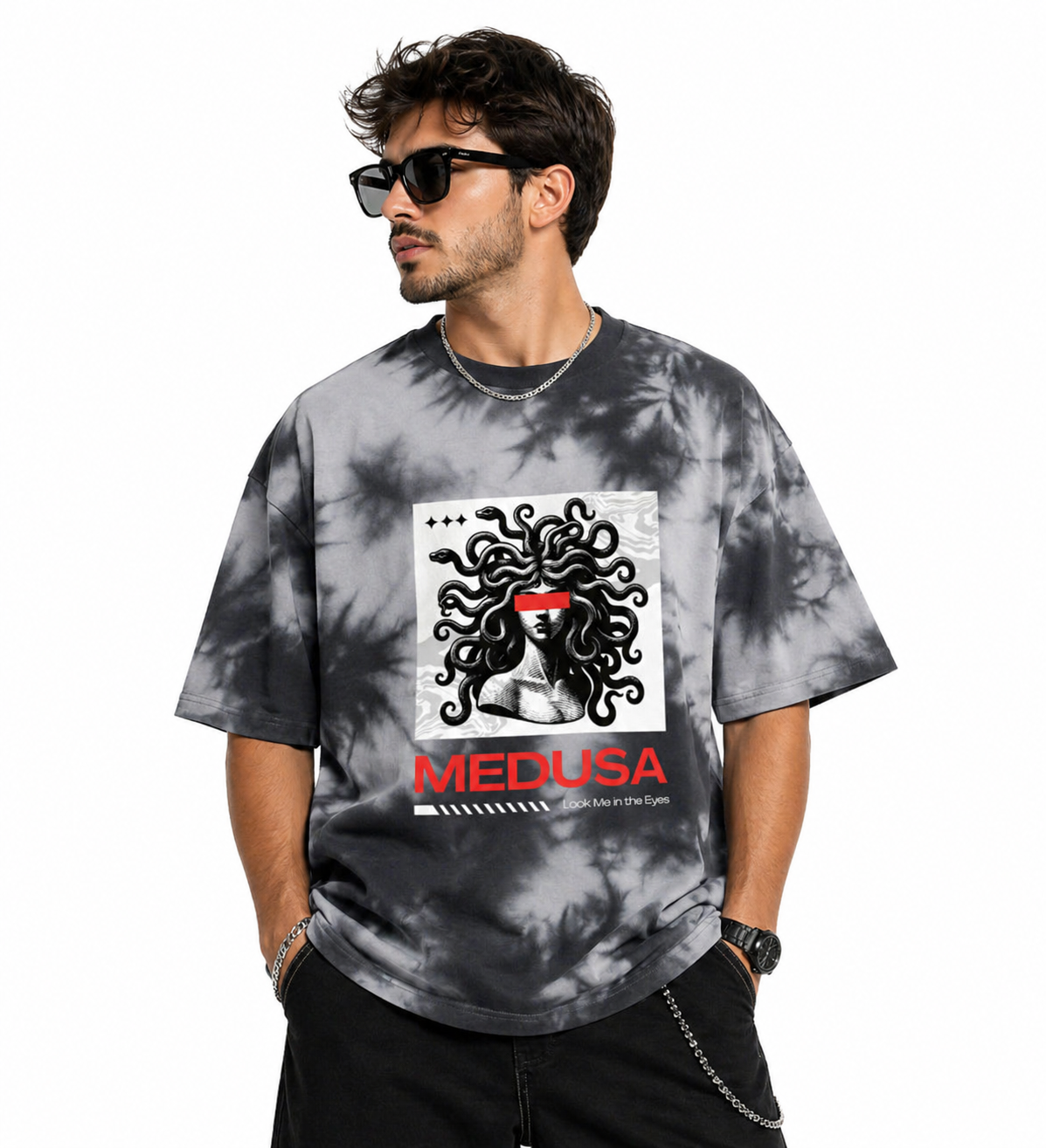Unisex LYVIT ORIGINALS oversized tie dye t-shirt featuring a Medusa graphic on the front, casual streetwear style for men