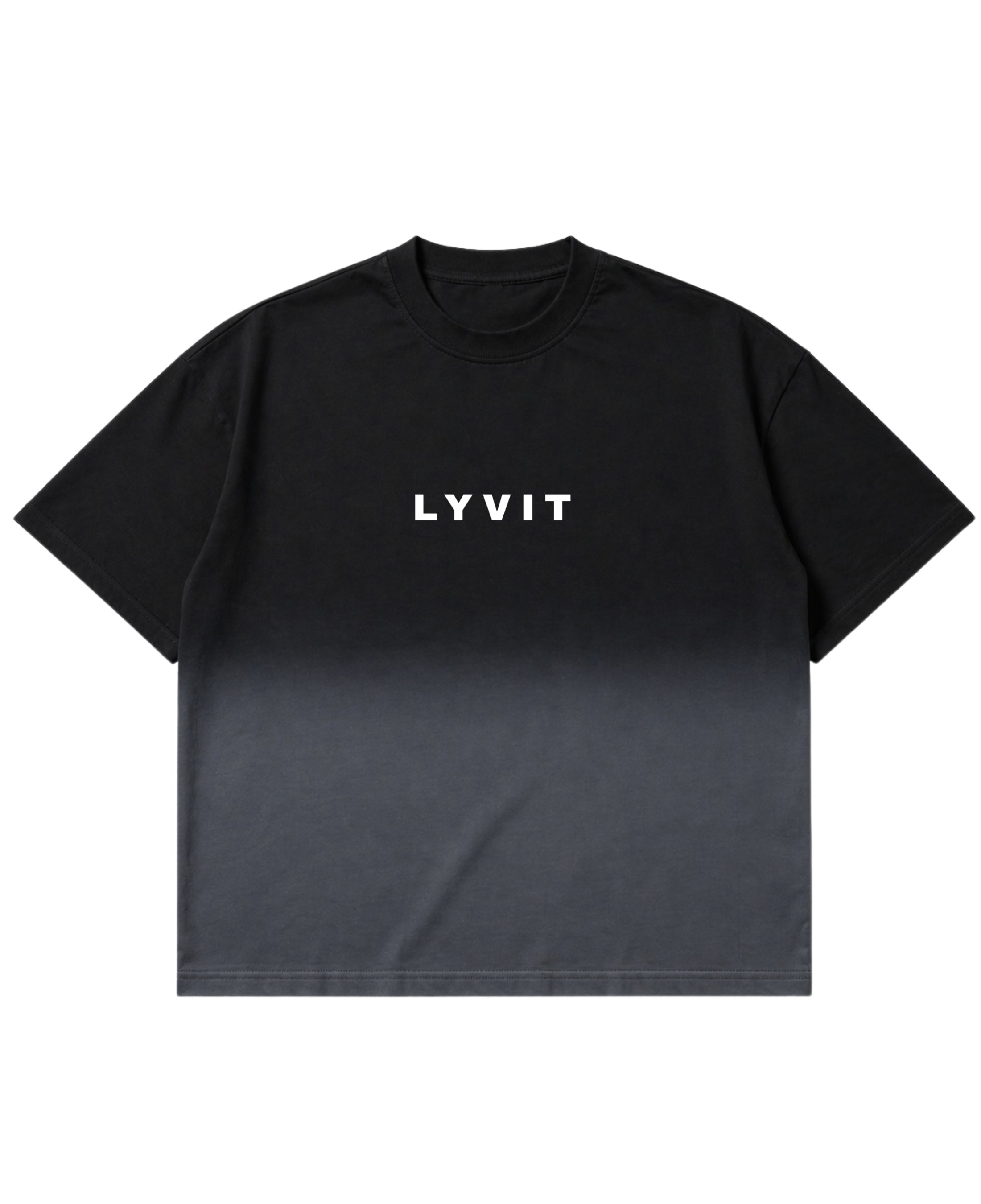 Black ombre boxy fit T-shirt by LYVIT Originals, front view showing the gradient design and relaxed fit.