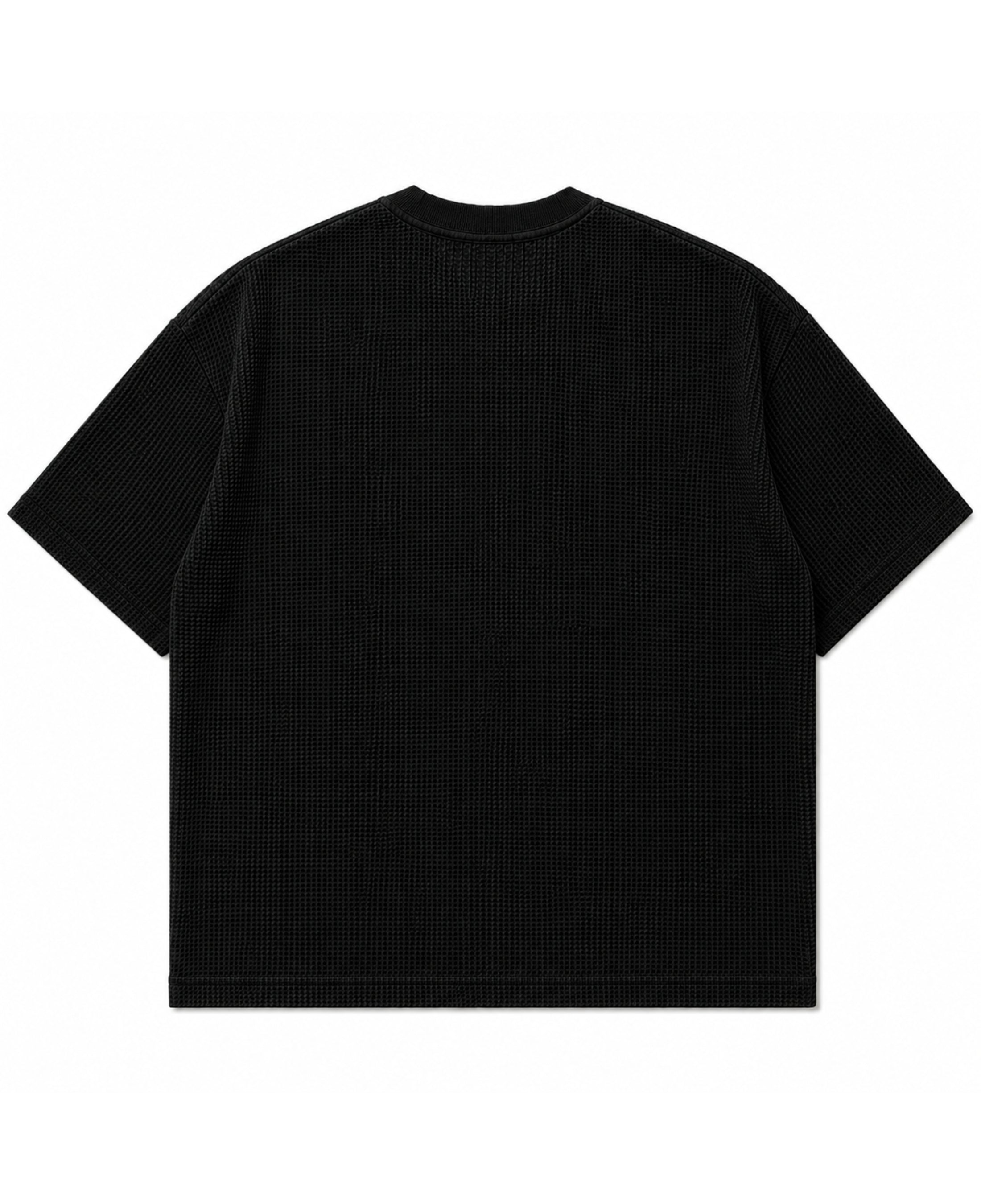 Back view of LYVIT ORIGINALS Waffle Boxy Fit T-Shirt, showcasing the relaxed fit and waffle texture in a mockup image.