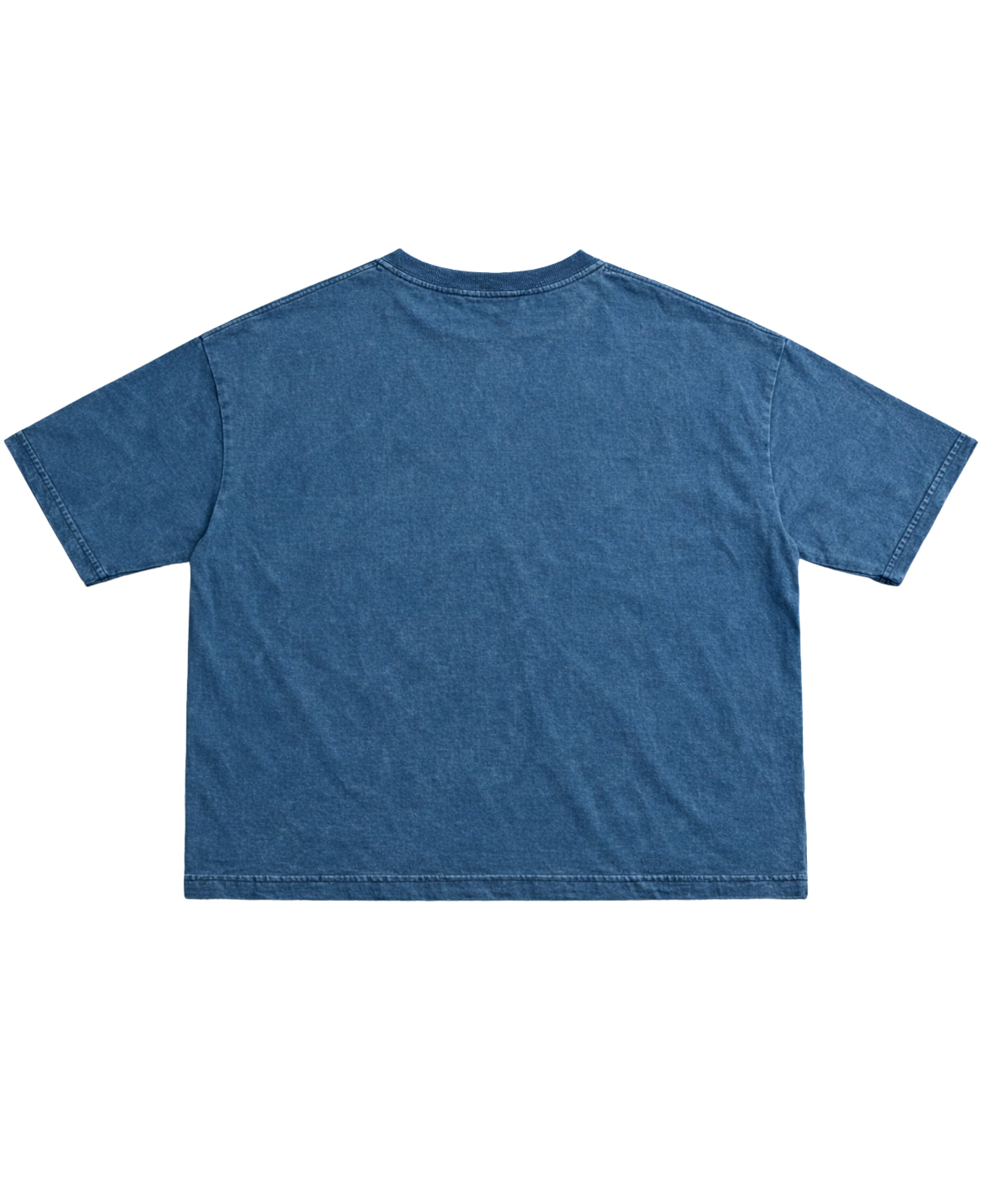 Back view of LYVIT ORIGINALS denim wash T-shirt featuring a classic fit and faded blue denim style.