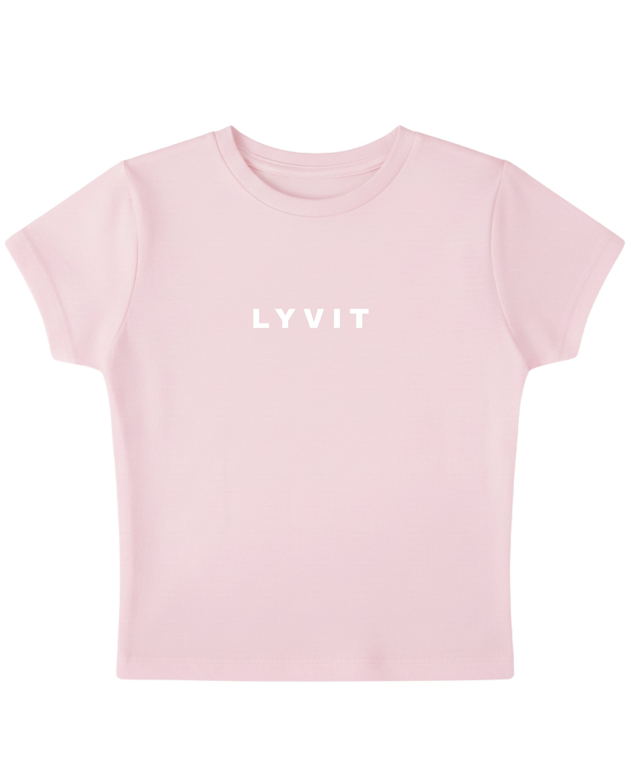 Pink baby T-shirt by LYVIT ORIGINALS displayed on a mannequin, showcasing front view with soft fabric and casual style.