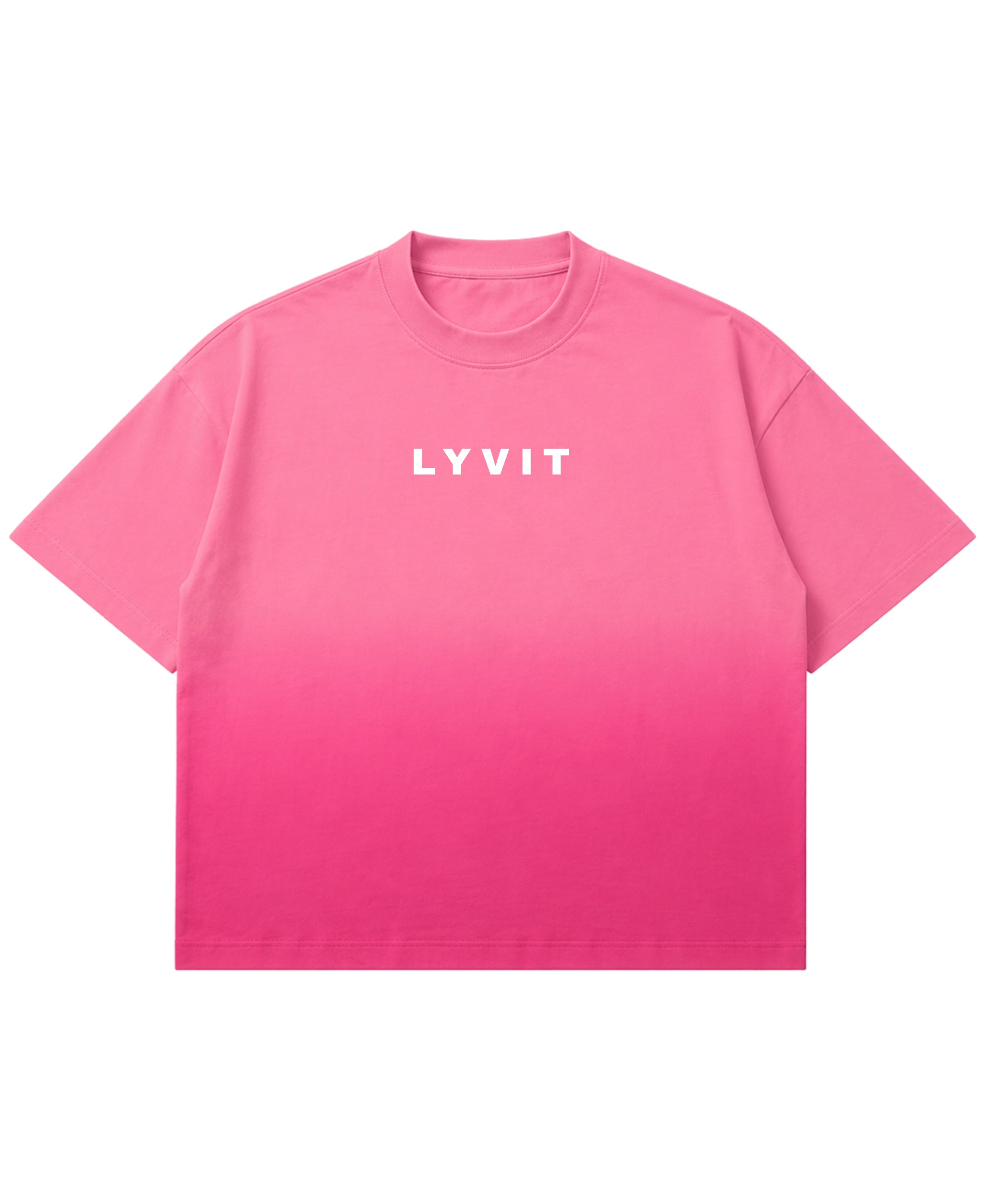 Pink Sunfade Ombre Boxy Fit T-shirt by LYVIT ORIGINALS, front view showcasing the gradient pink sunfade design and relaxed fit.