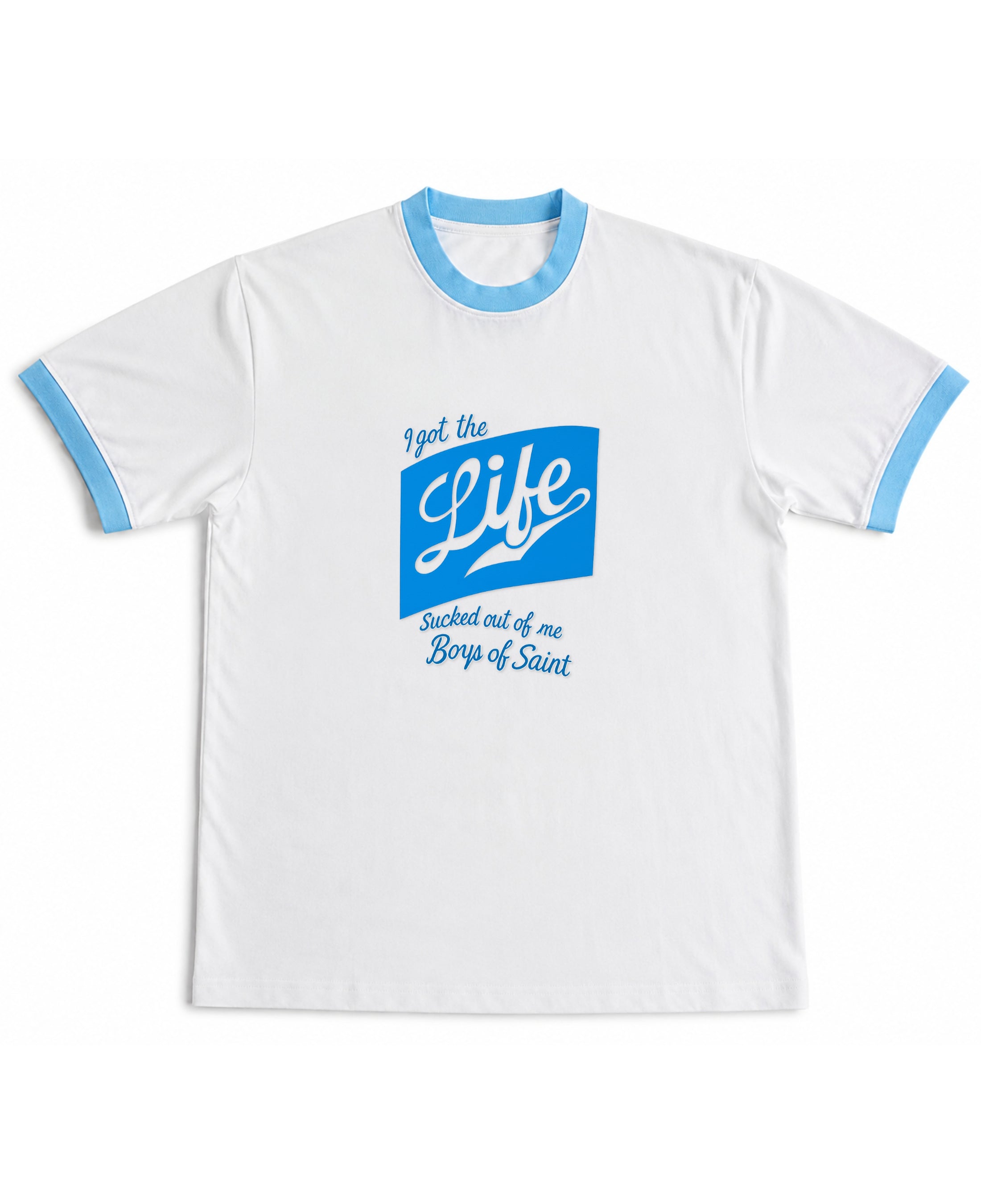 White & Sky Blue Ringer tee Front Design