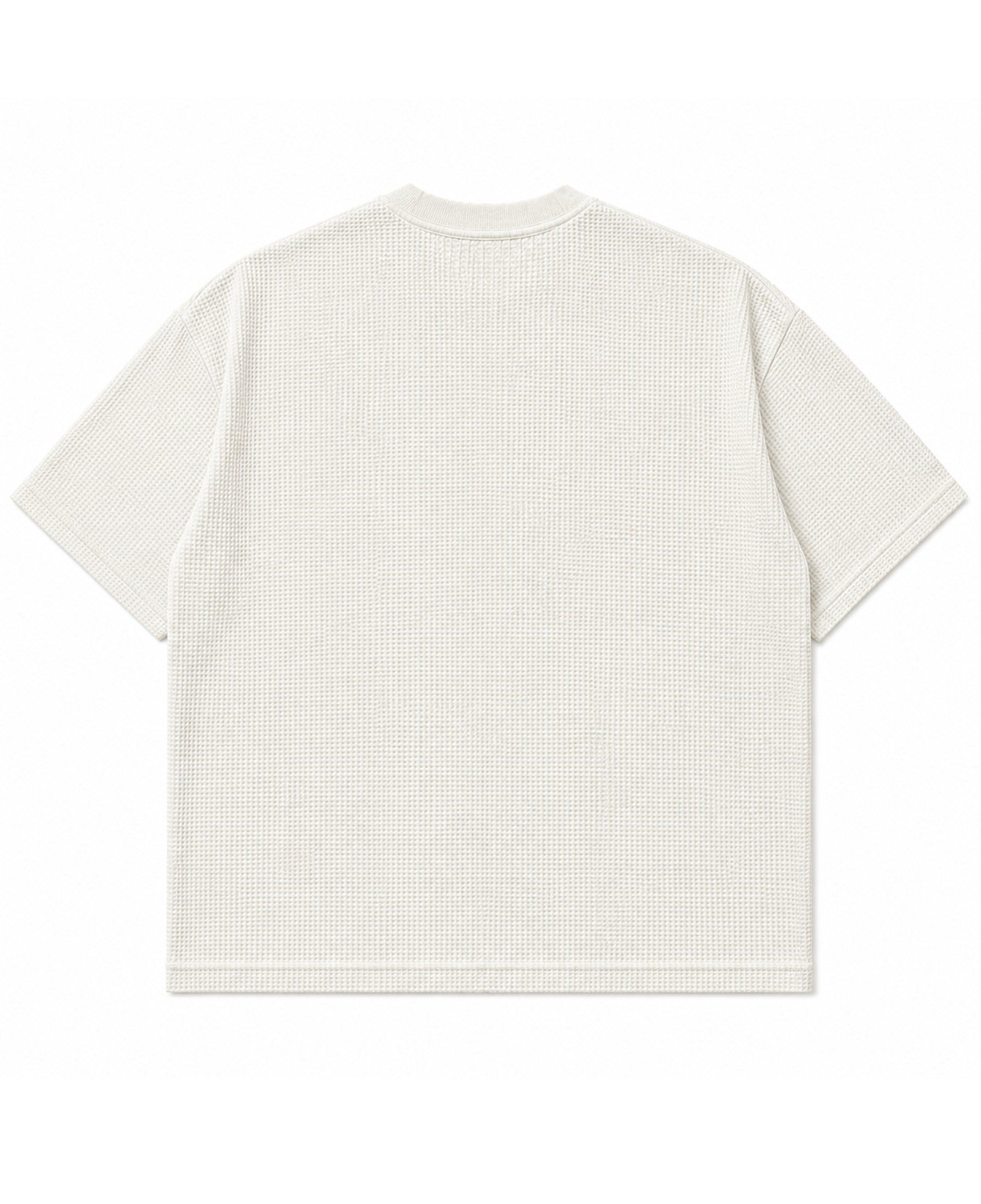 Back view of LYVIT ORIGINALS waffle boxy fit T-shirt, showcasing the relaxed fit and soft fabric in a neutral color.