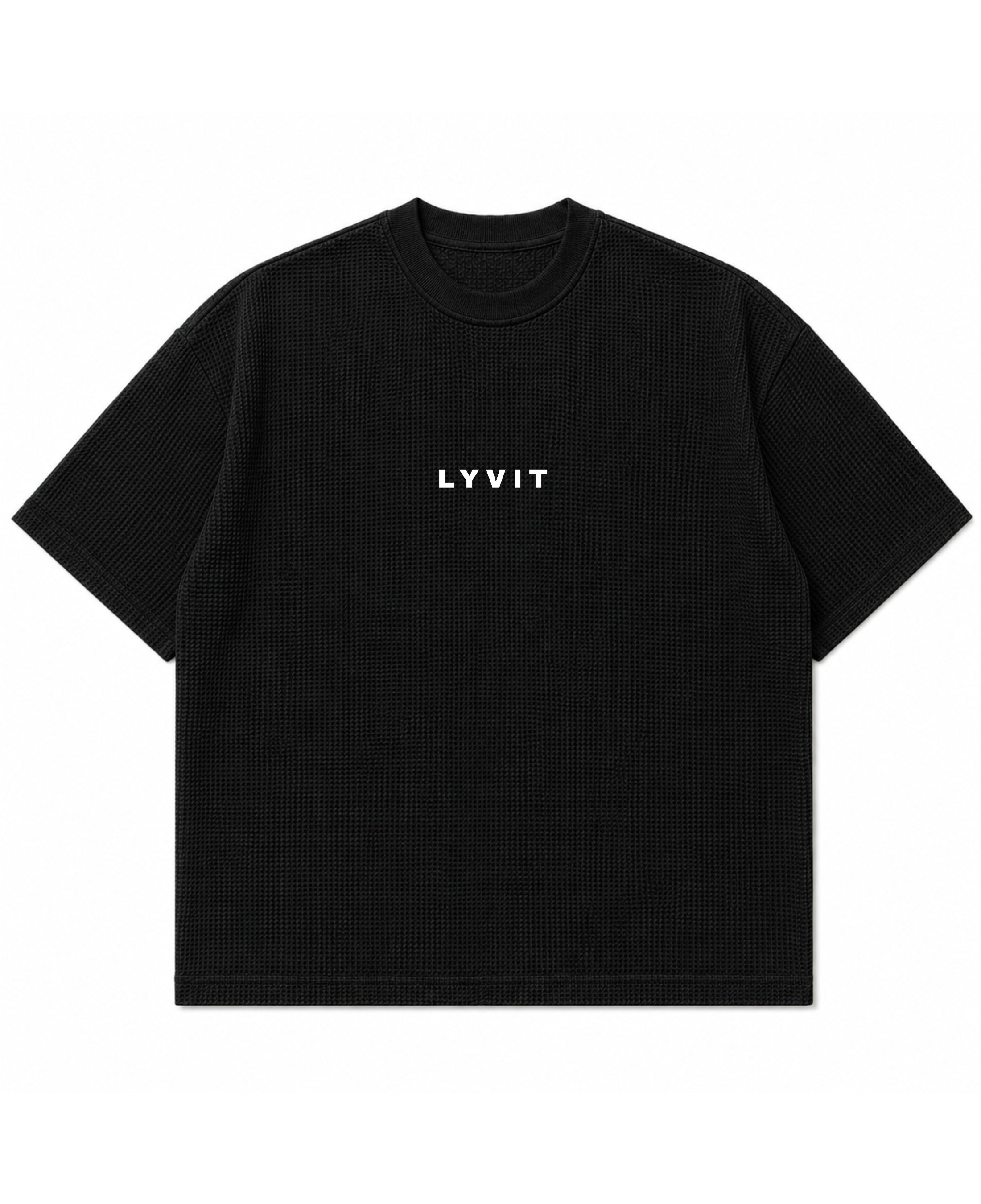 Front view of LYVIT ORIGINALS waffle boxy fit T-shirt, showcasing its relaxed fit and soft fabric in a casual style.