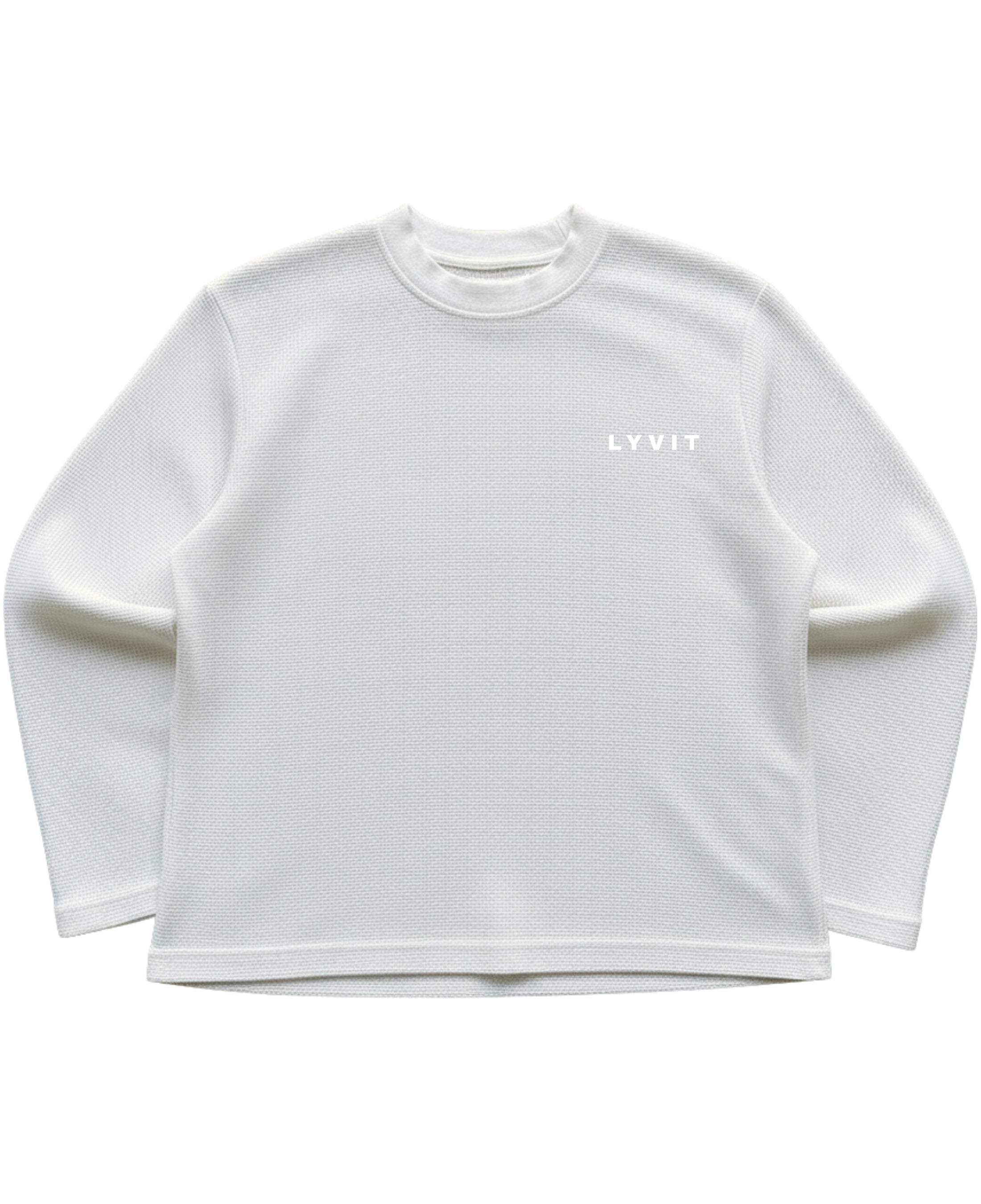 Lyvit Originals waffle knit oversized sleeve sweater front view showing textured fabric and relaxed fit.